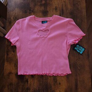 NWT Pink Butterfly Cut-Out Crop Top with Lettuce Hems